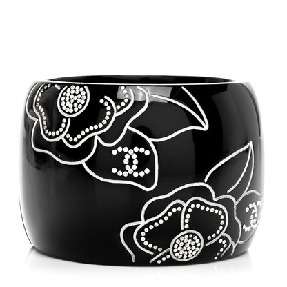 Chanel Resin Crystal Camellia CC Cuff Bracelet Black Silver 1 of 4