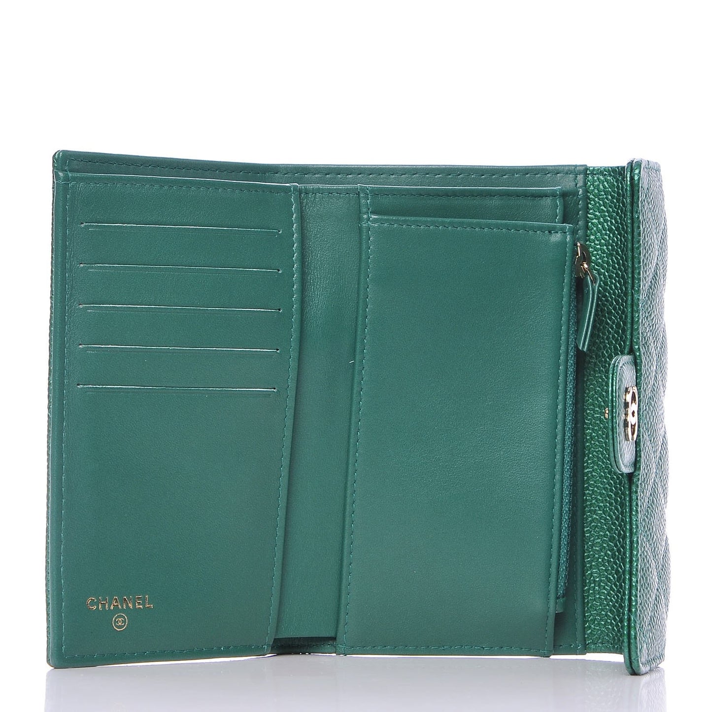 Metallic Caviar Quilted Medium Flap Wallet Green