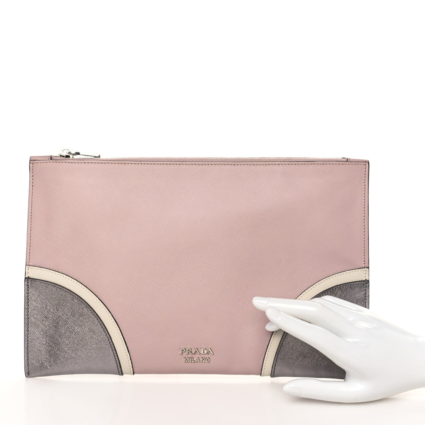 Metallic Saffiano Hand Strap Clutch Pink Silver