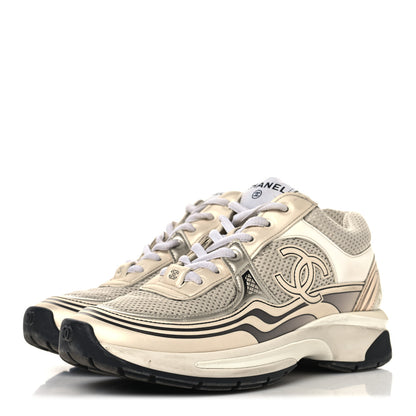 Chanel Fabric Laminated Calfskin Stretch CC Womens Sneakers 37 Ivory White Silver 4 of 9