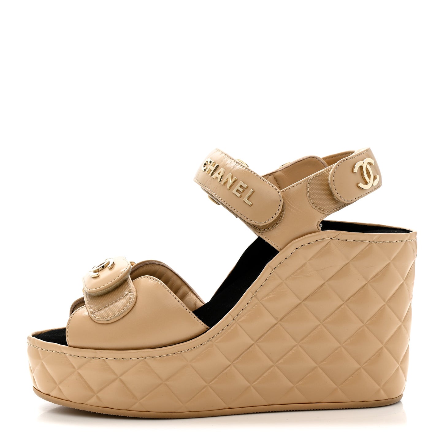 Shiny Calfskin Quilted Wedge Sandals 37 Beige