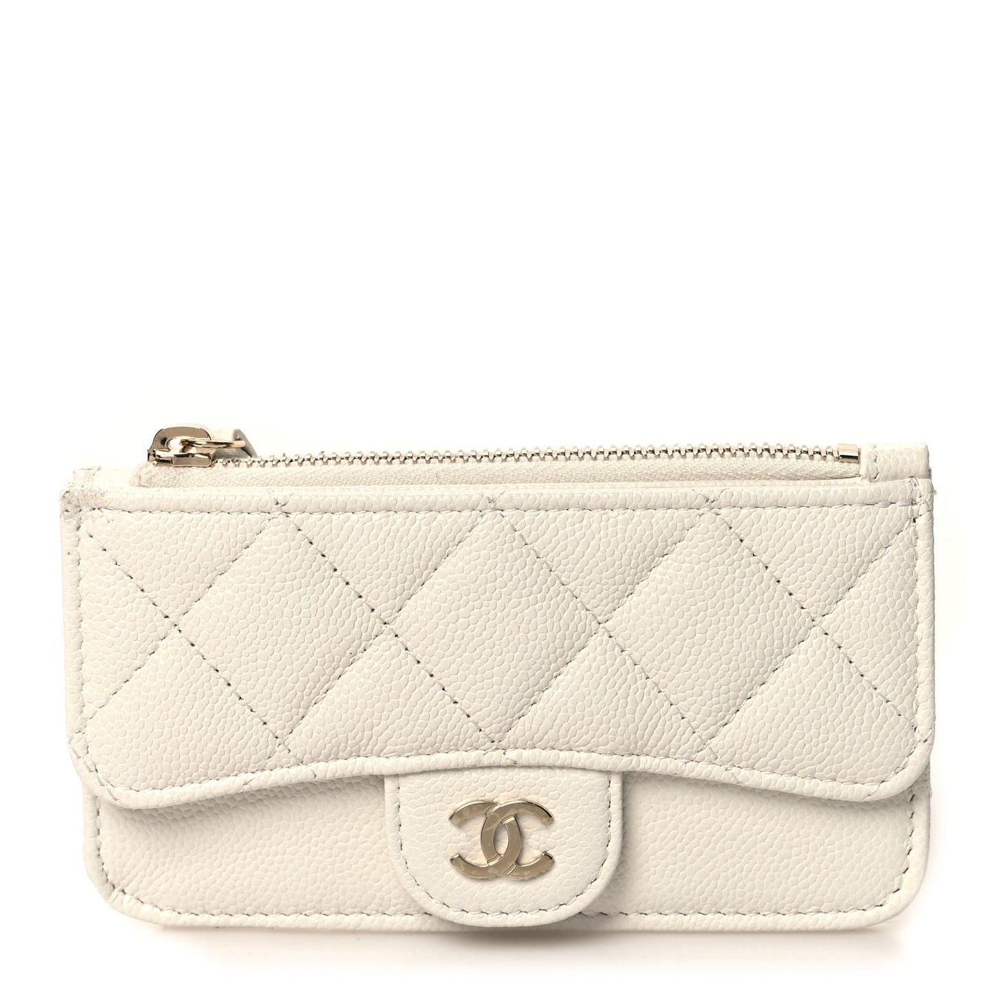 Caviar Quilted Flap Zip Card Holder White
