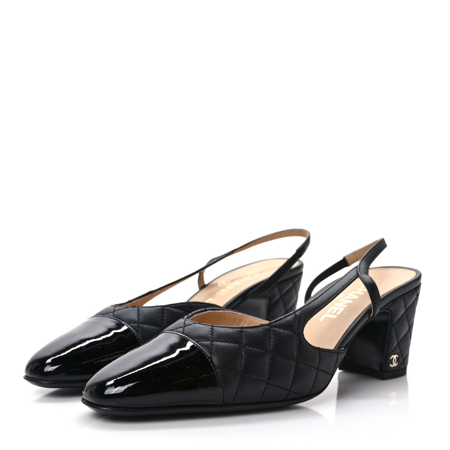 Lambskin Patent Calfskin Quilted Cap Toe CC Slingback Pumps 39.5 Black