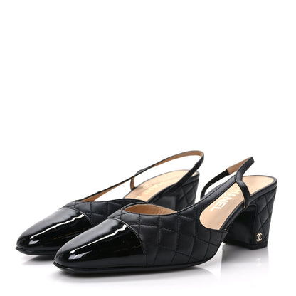 Chanel Lambskin Patent Calfskin Quilted Cap Toe CC Slingback Pumps 39.5 Black 3 of 9