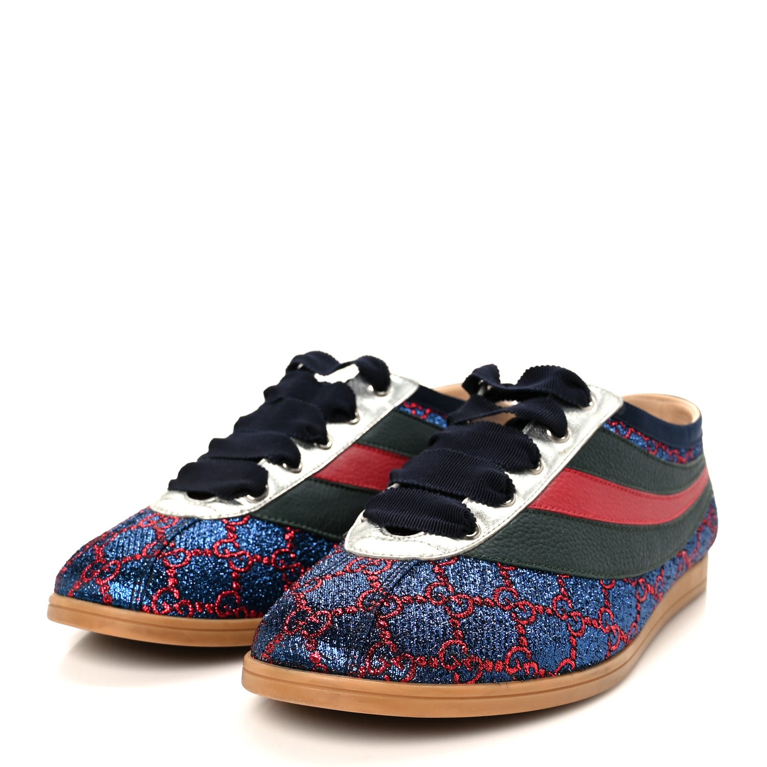 Gucci Lurex Calfskin Web GG Monogram Mens Falacer Sneakers 8.5 Iridescent Blue Iridescent Red Silver 4 of 11