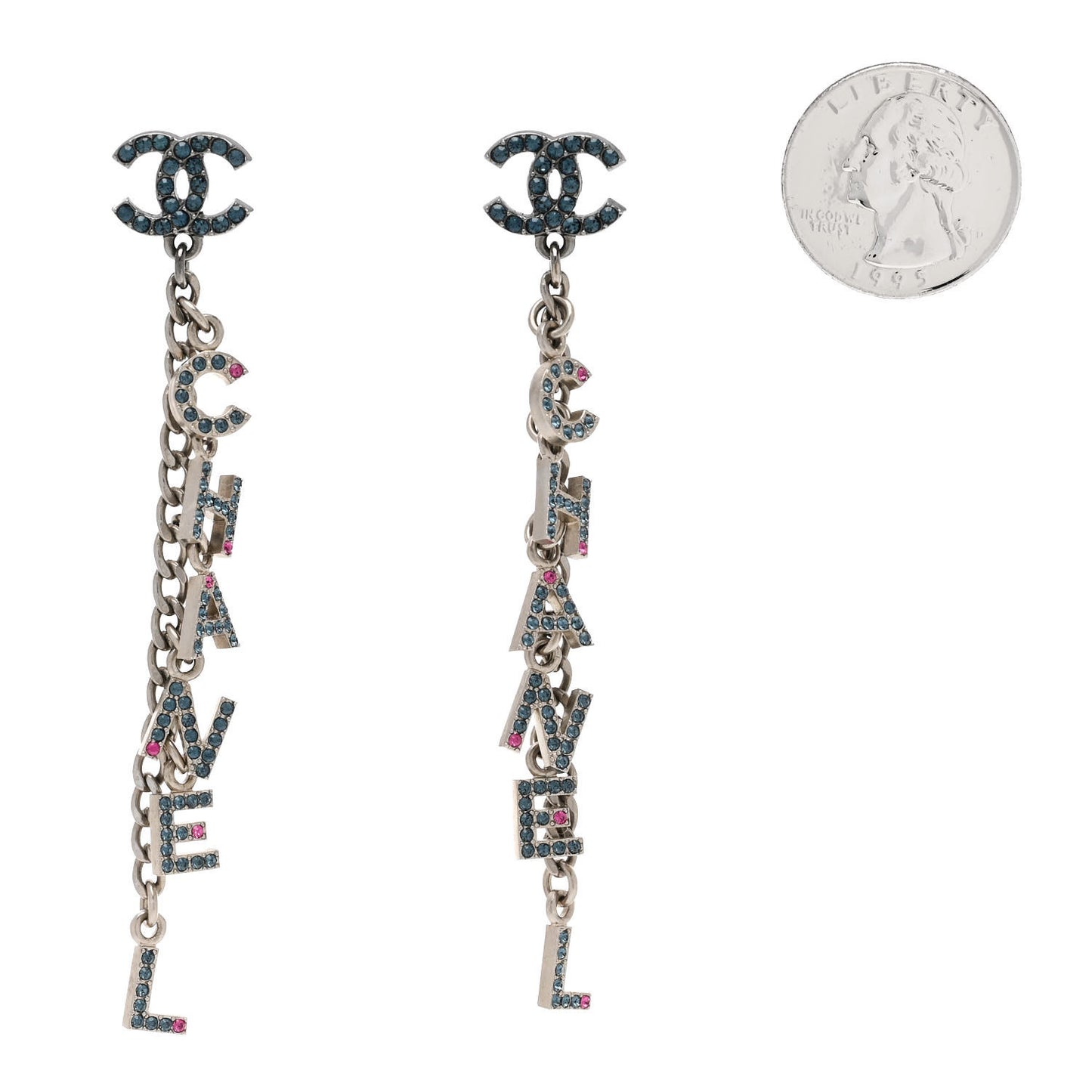 Crystal CC Logo Chain Drop Earrings Silver Blue Pink