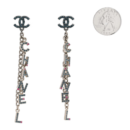 Chanel Crystal CC Logo Chain Drop Earrings Silver Blue Pink 2 of 4