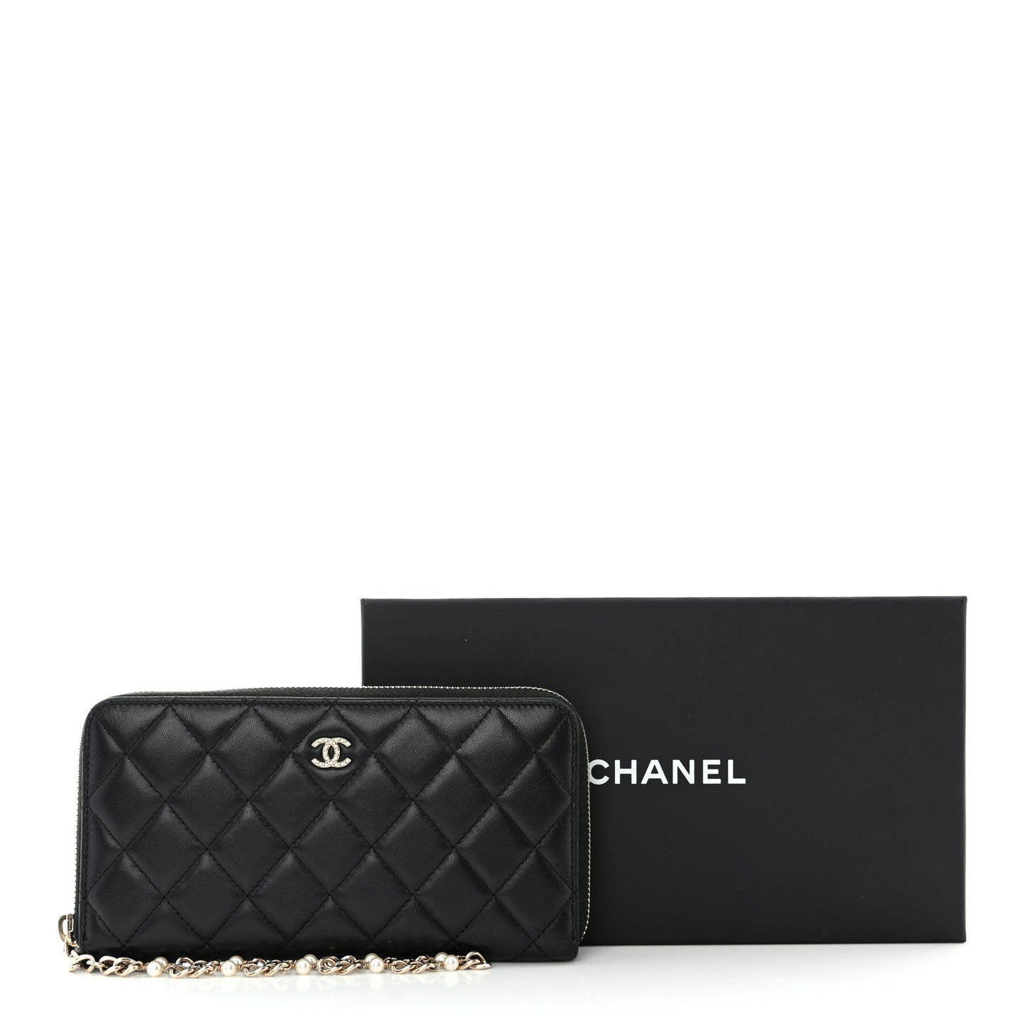 Lambskin Zip Around Large Gusset Wallet With Pearl Chain Black