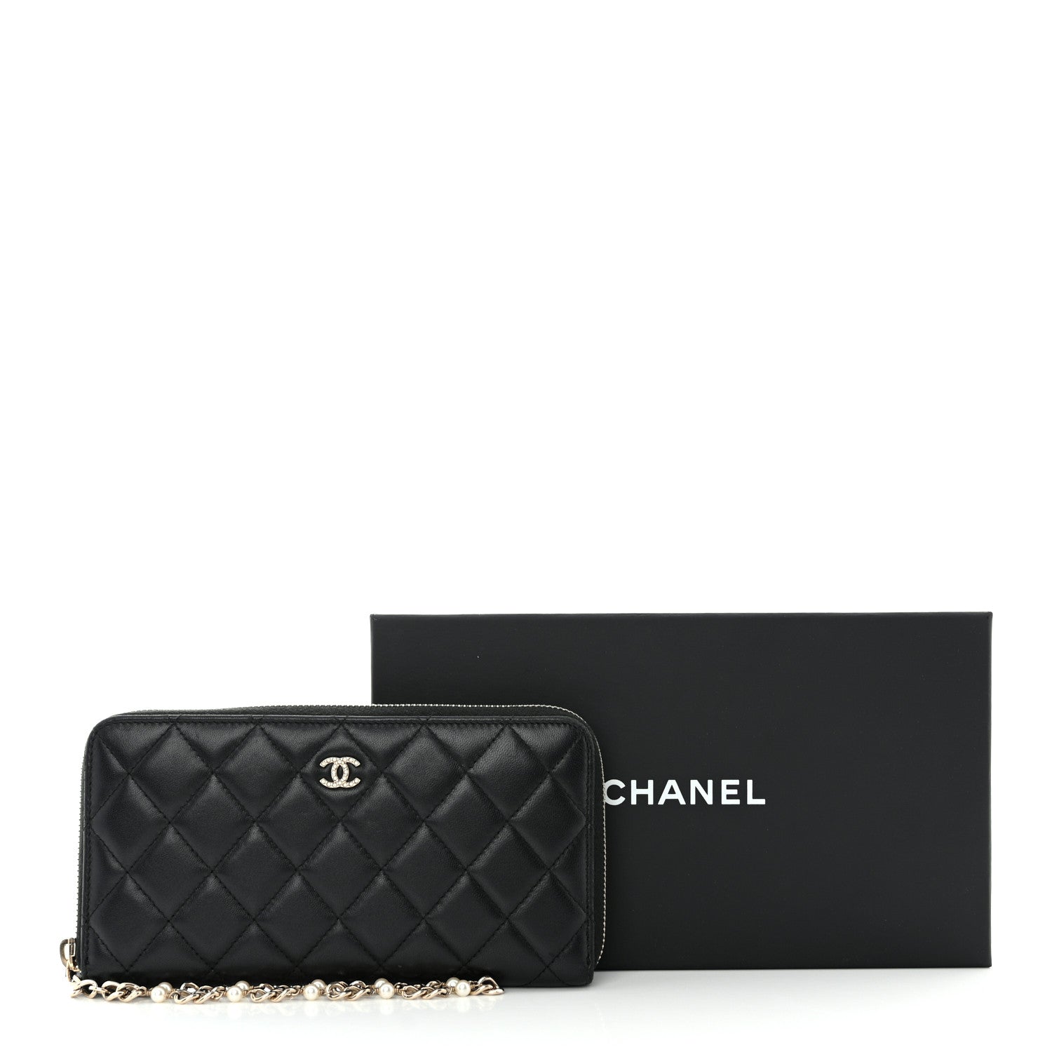 Chanel Lambskin Zip Around Large Gusset Wallet With Pearl Chain Black 12 of 12