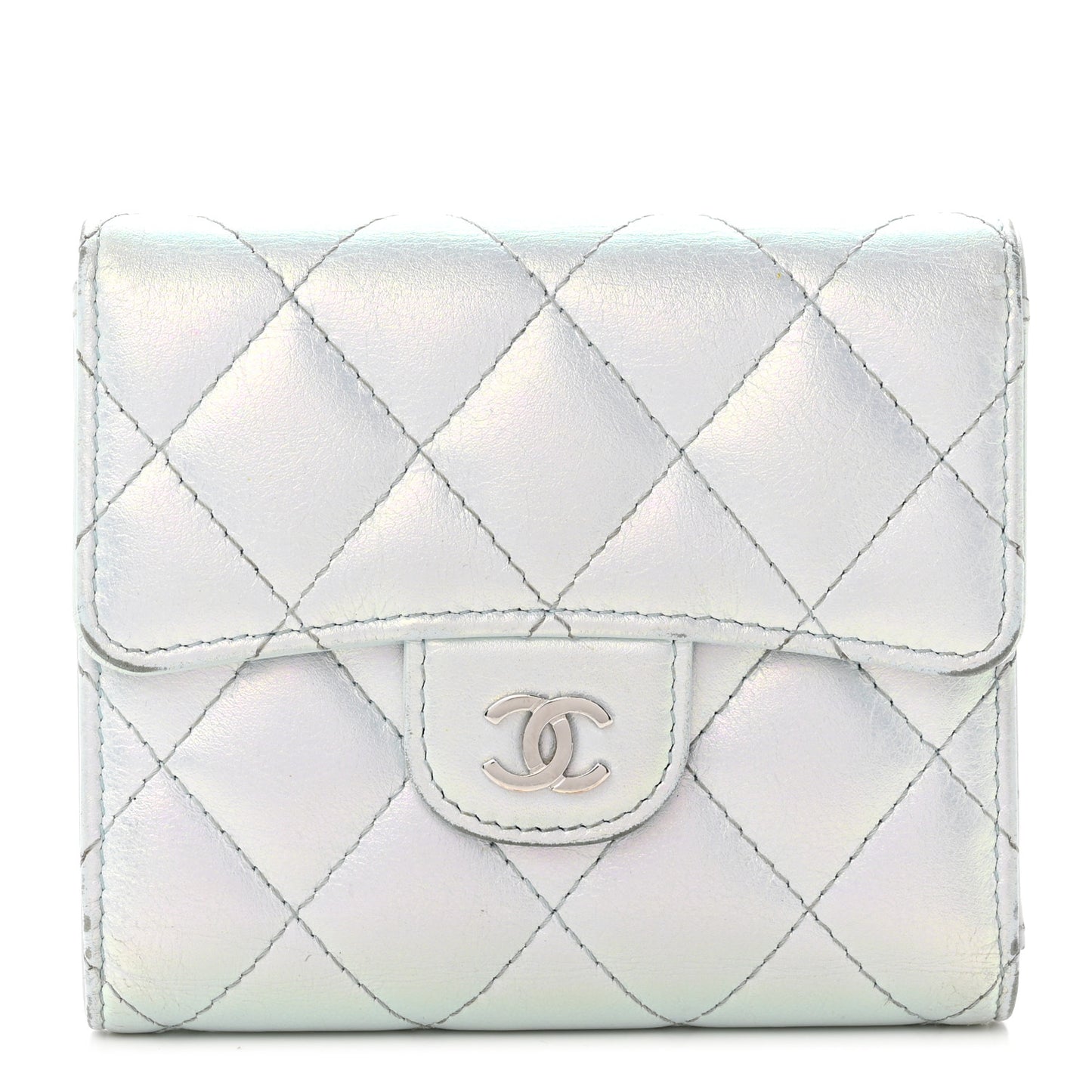 Iridescent Calfskin Quilted Compact Flap Wallet Light Blue