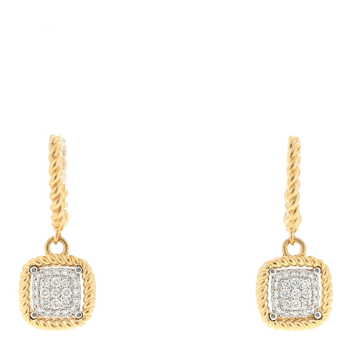 18K Yellow White Gold Diamond Barocco Square Cluster Dangle Hoop Drop Earrings