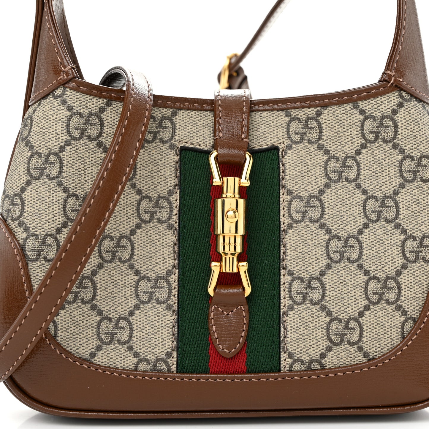 GG Supreme Monogram Azalea Calfskin Web Mini Jackie 1961 Hobo Beige Ebony Brown Sugar
