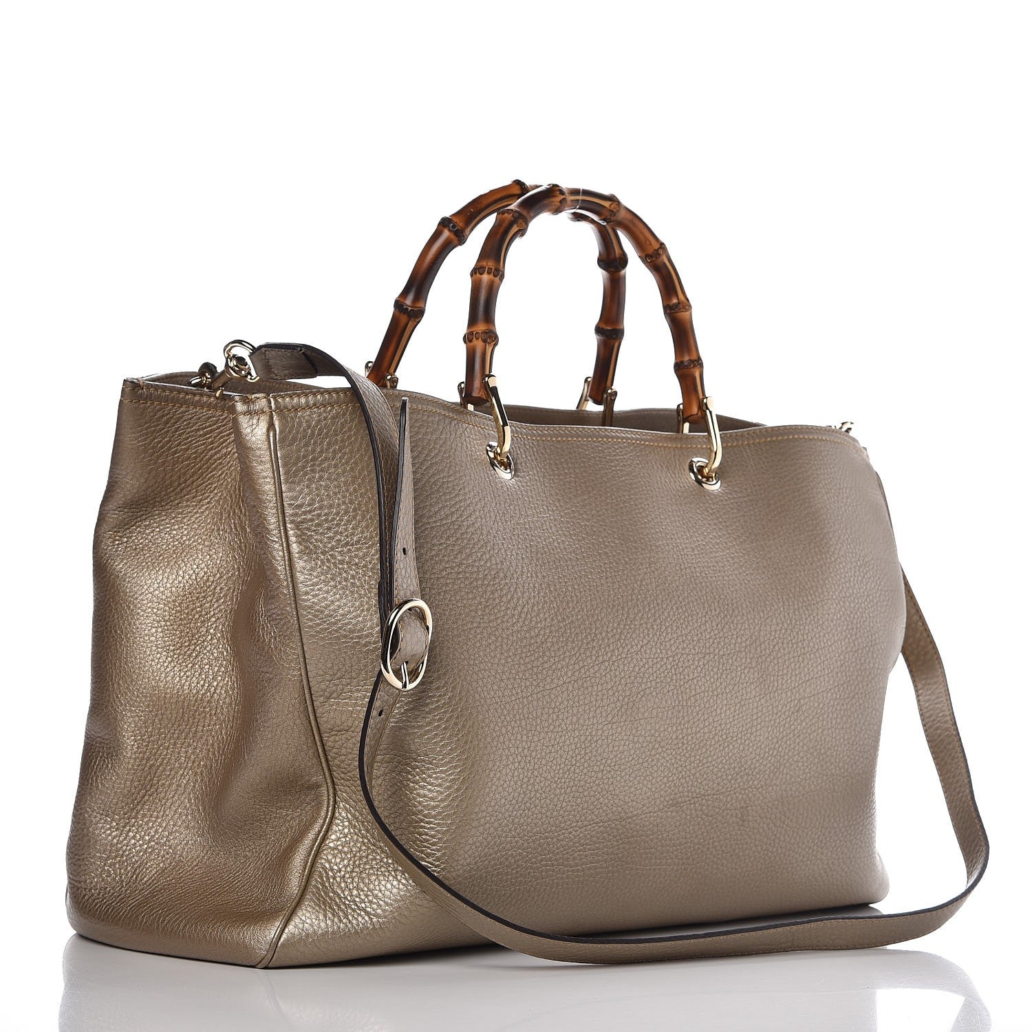 Gucci Metallic Pebbled Calfskin Large Bamboo Shopper Tote Golden Beige 4 of 11