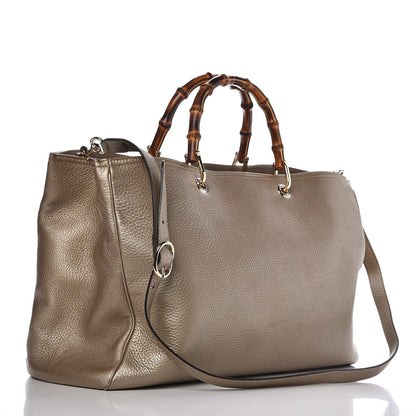 Gucci Metallic Pebbled Calfskin Large Bamboo Shopper Tote Golden Beige 4 of 11