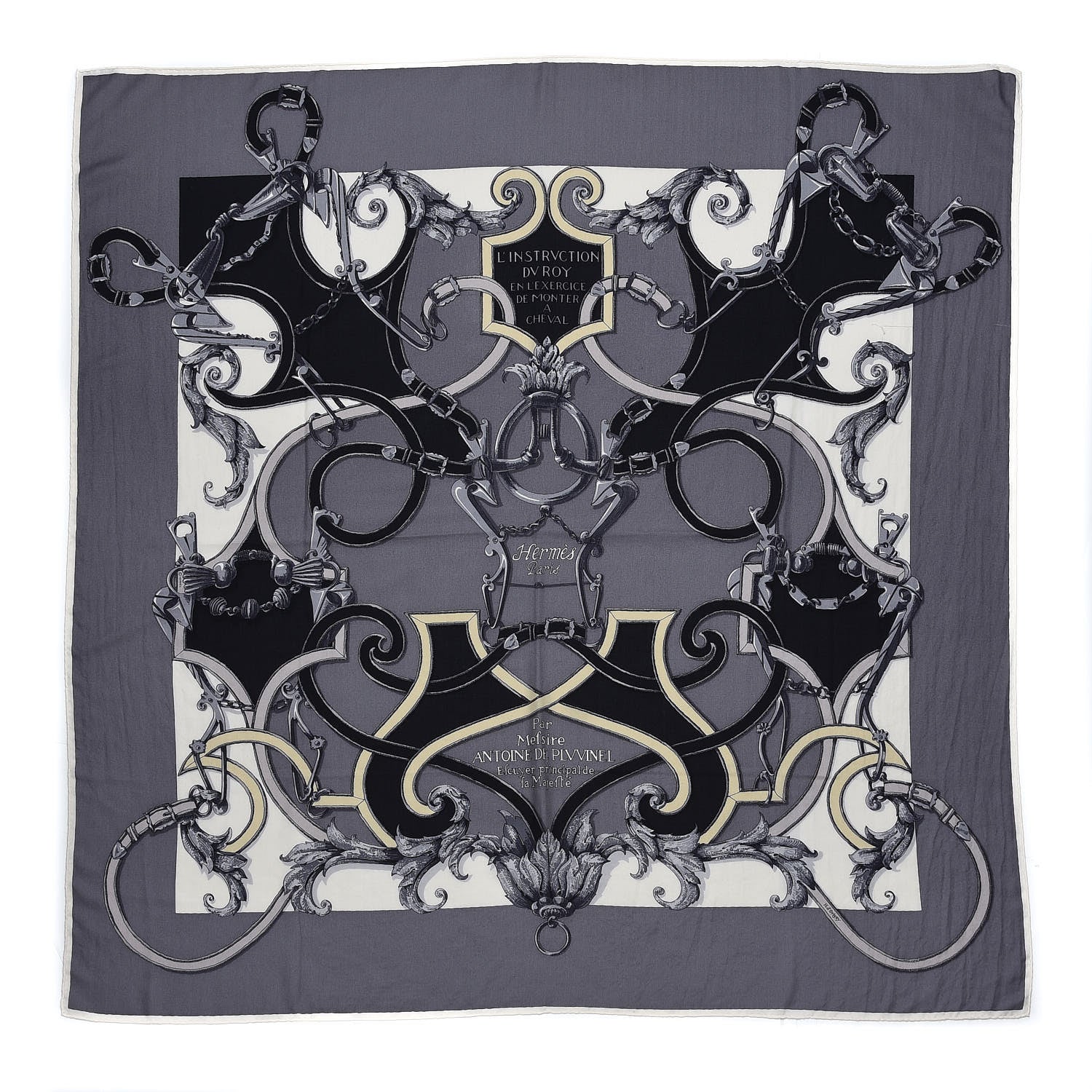 Hermes Cashmere Silk L Instruction Du Roy Shawl 140 Gris Acier White Black 1 of 6