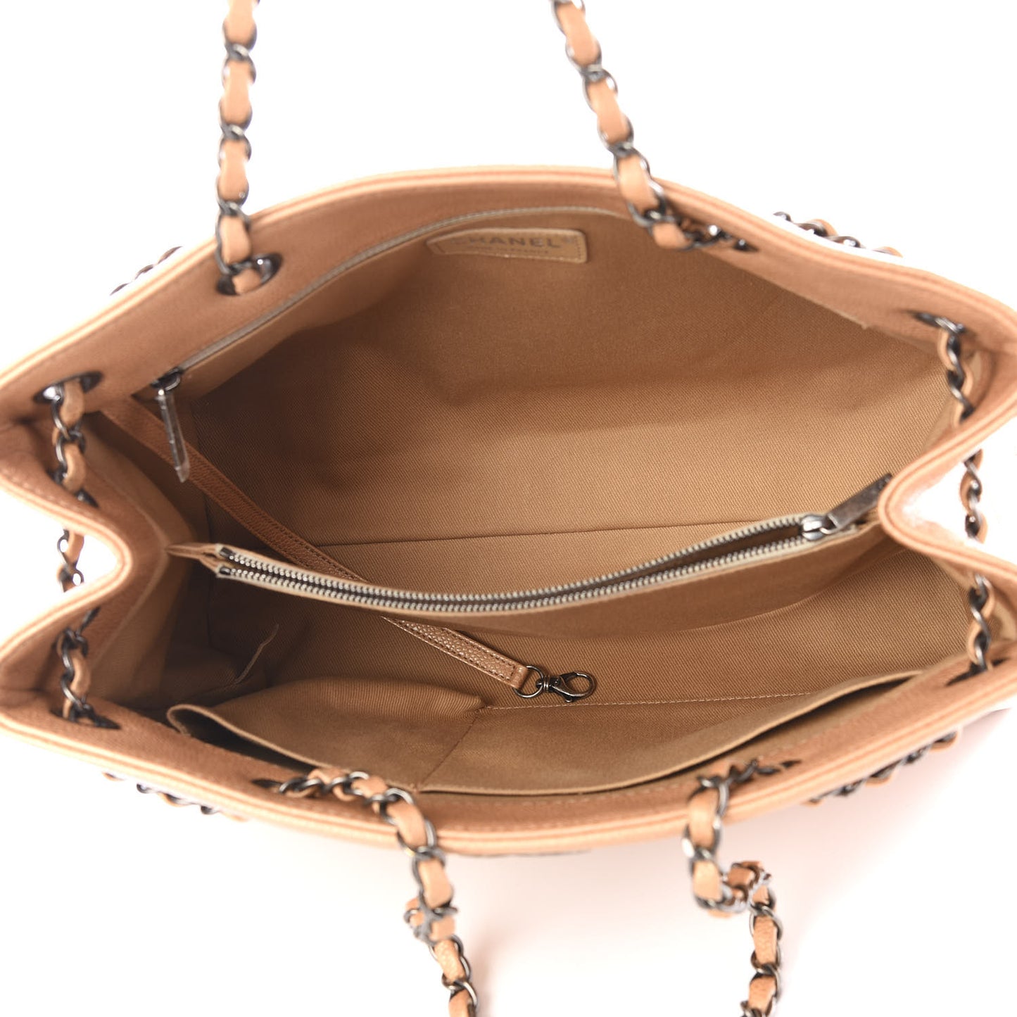 Metallic Grained Calfskin Woven Chain Medium Shopping Tote Beige