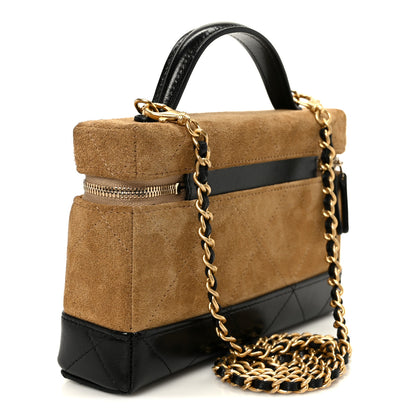 Chanel Suede Calfskin Shiny Lambskin Stitched Top Handle Slim Vanity With Chain Beige Black 3 of 11