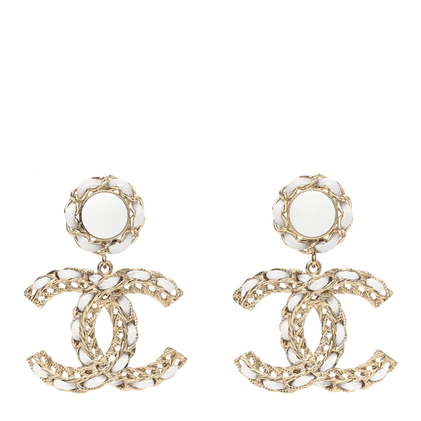Lambskin Metal Chain CC Drop Earrings White Gold