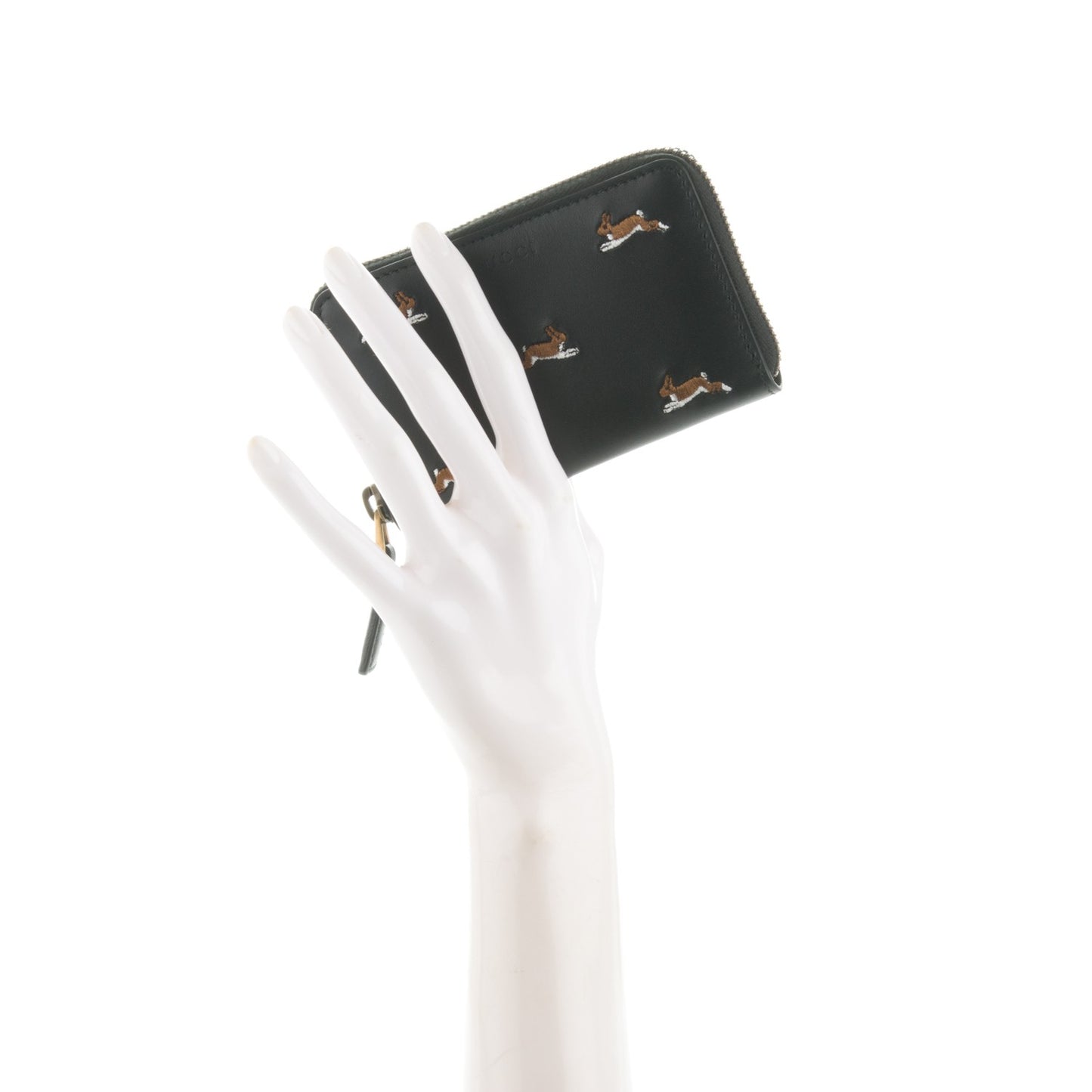 Calfskin Rabbit Embroidered Zip Around Card Case Black