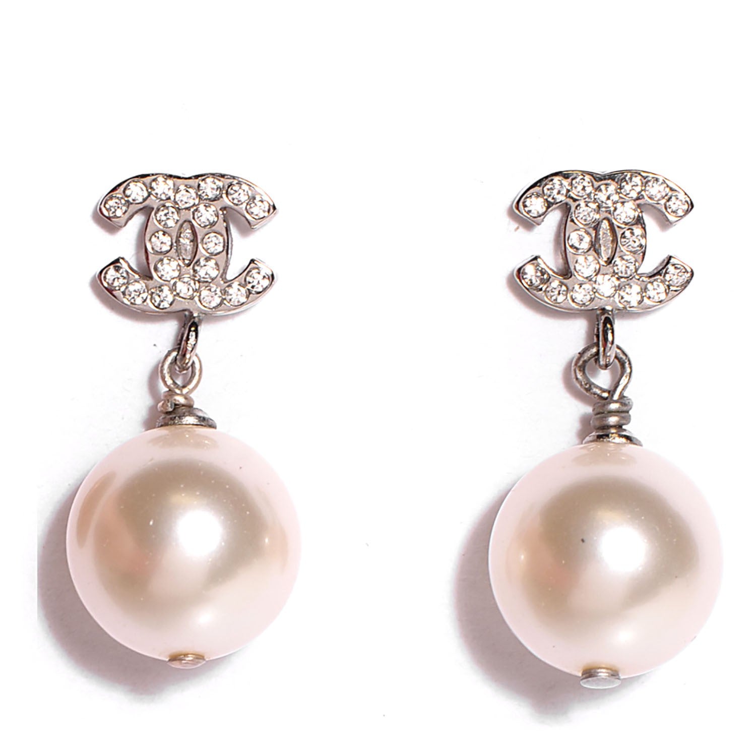 Chanel Crystal CC Pearl Drop Earrings Silver 1 of 4