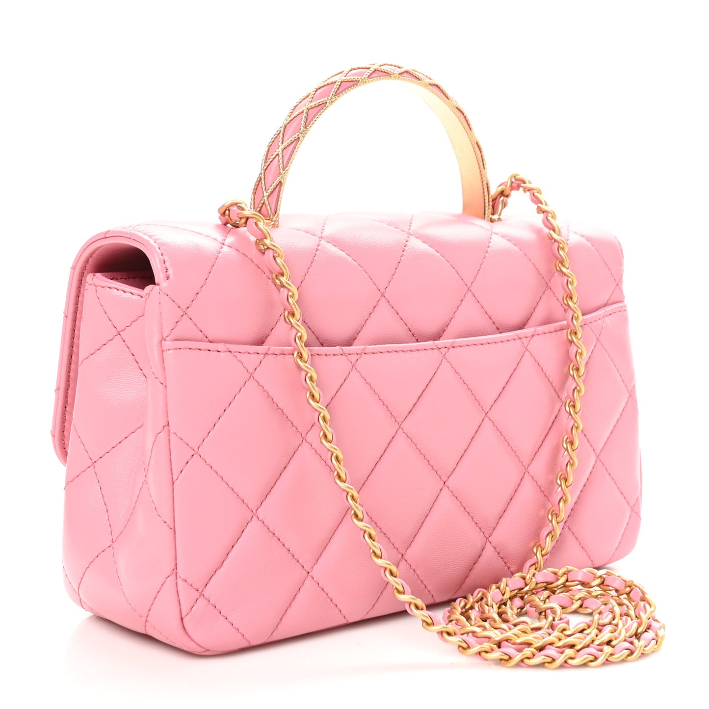 Lambskin Metal Quilted Twist Top Handle Flap With Chain Light Pink