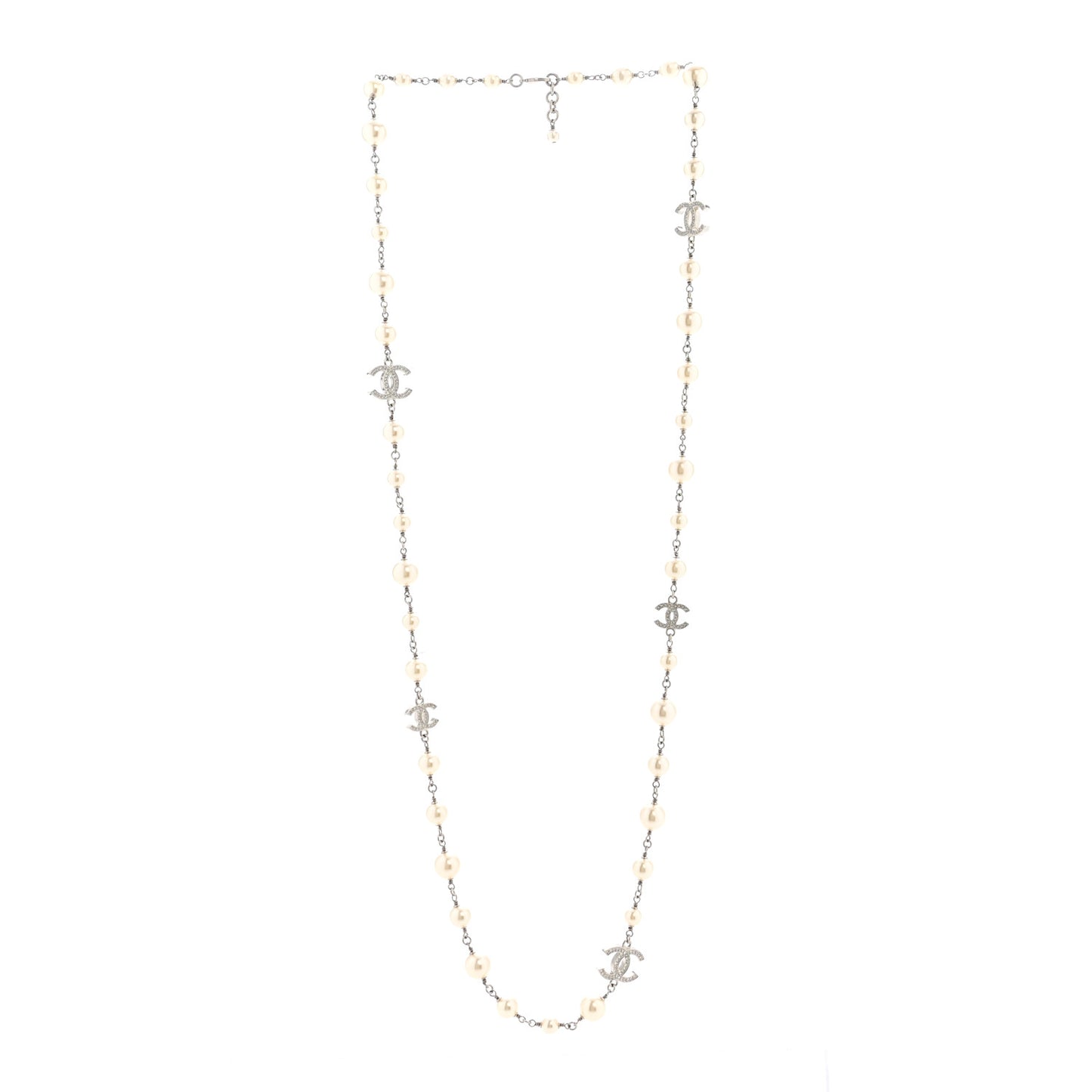 Crystal Pearl CC Long Necklace Silver