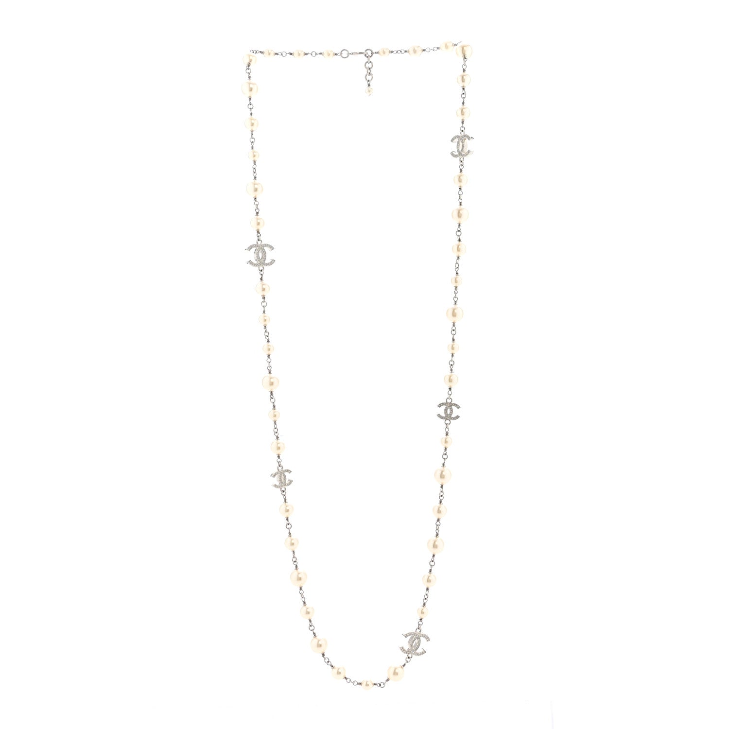 Chanel Crystal Pearl CC Long Necklace Silver 2 of 5