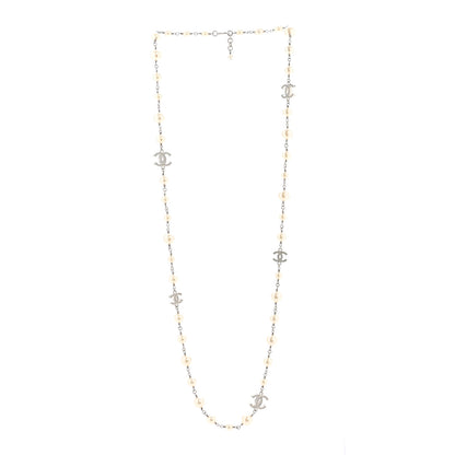 Chanel Crystal Pearl CC Long Necklace Silver 2 of 5