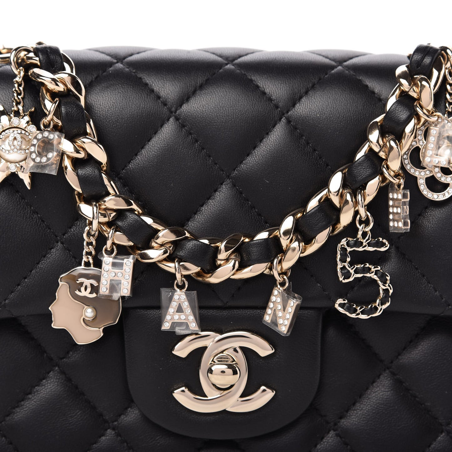 Lambskin Quilted Mini Coco Charms Rectangular Flap Black