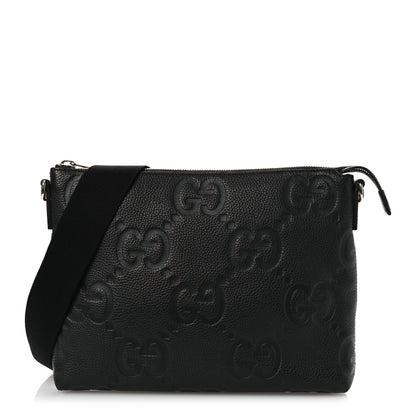 Gucci Piuma Calfskin Jumbo GG Embossed Medium Wristlet Messenger Bag Black 1 of 10