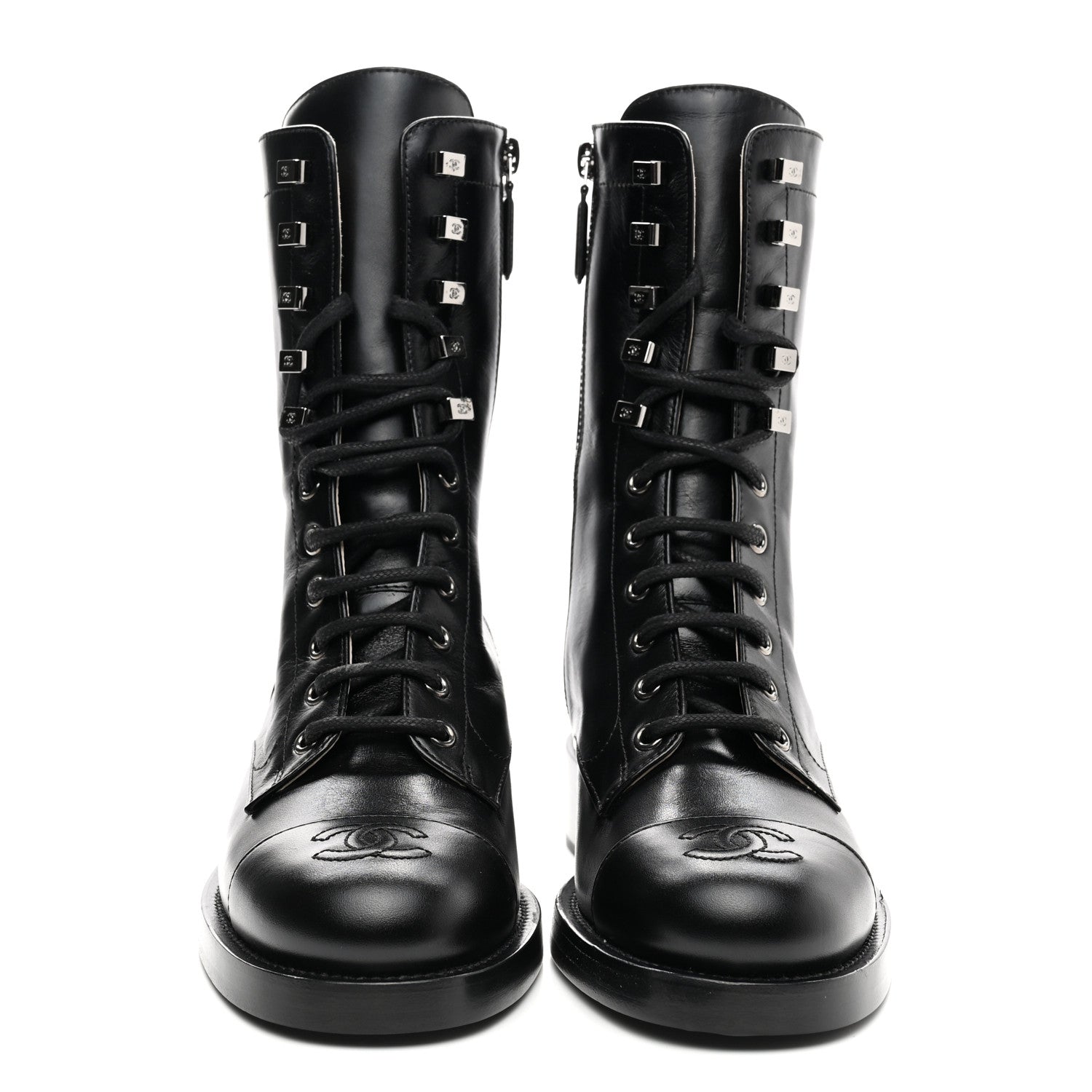 Chanel Calfskin Lace Up Combat Boots 37.5 Black 2 of 9