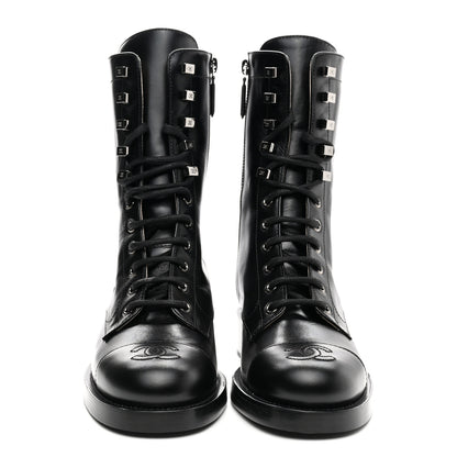 Chanel Calfskin Lace Up Combat Boots 37.5 Black 2 of 9