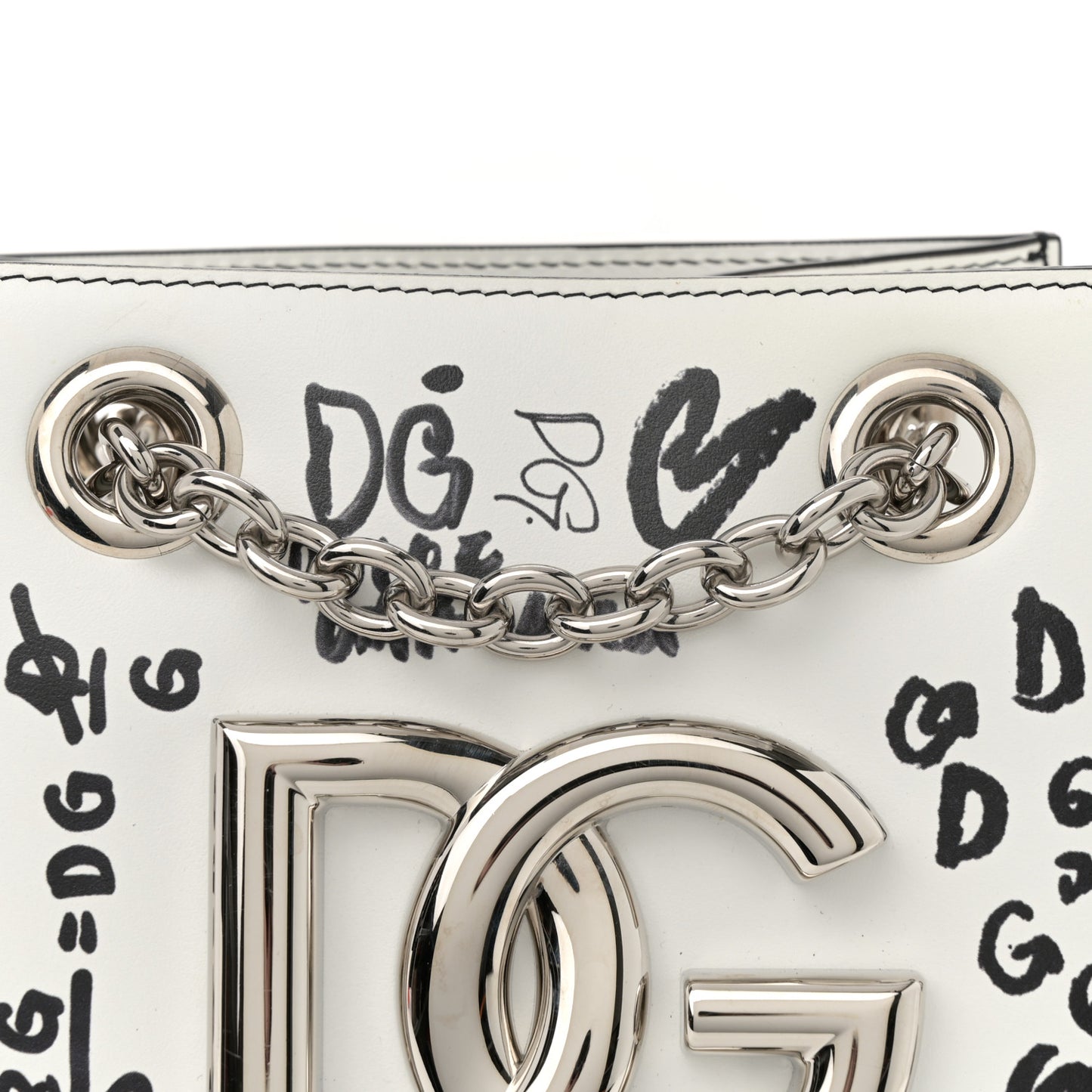 Calfskin DG Graffiti Print Chain Shoulder Bag White Black