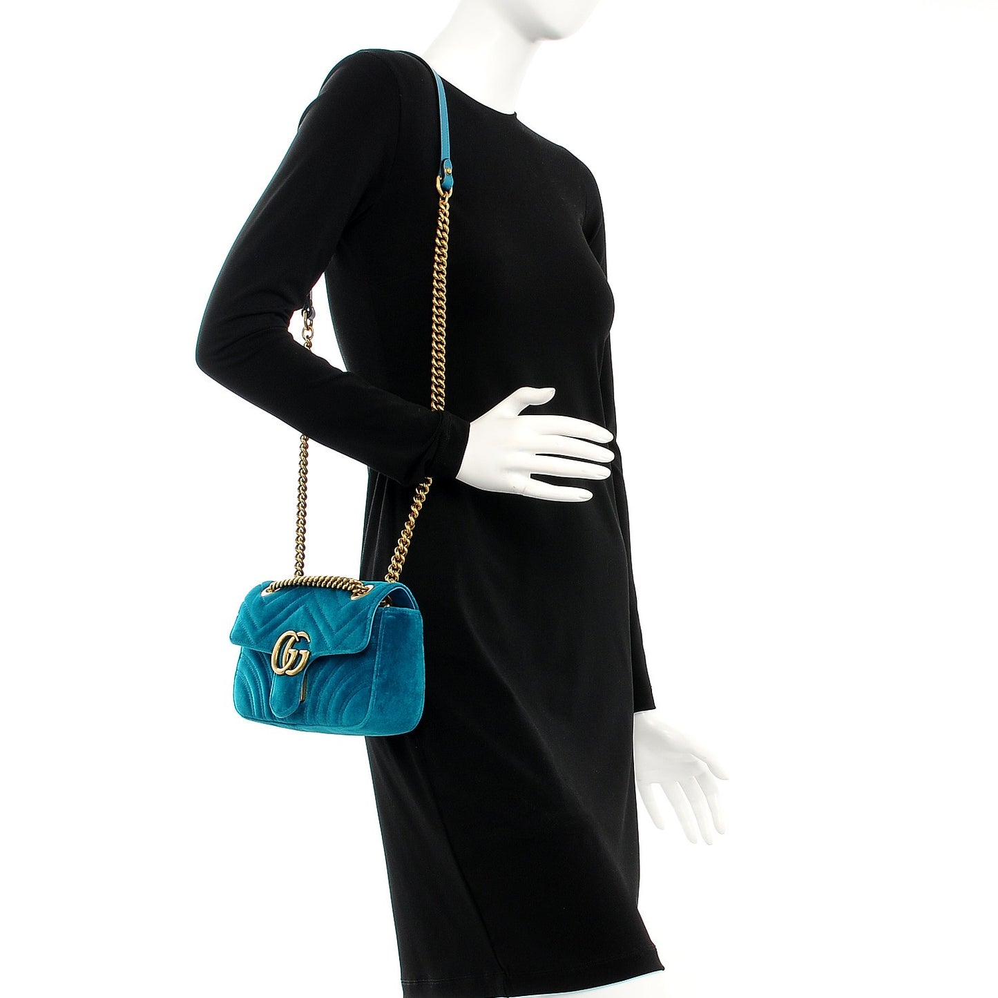 Velvet Matelasse Mini GG Marmont Shoulder Bag Pavone Cyan