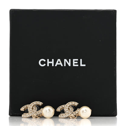 Chanel Crystal Timeless CC Pearl Drop Earrings Light Gold 5 of 5