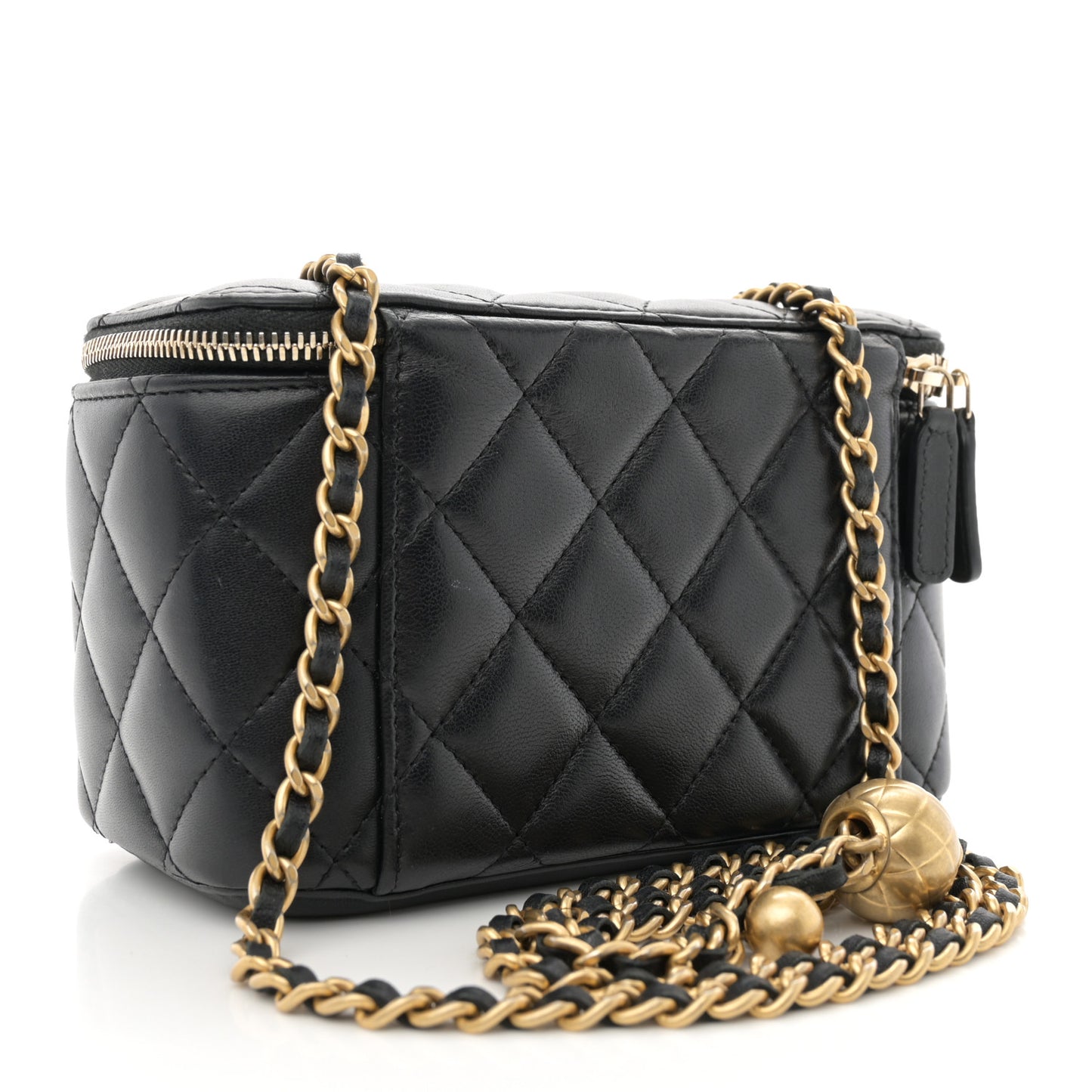 Lambskin Quilted Pearl Crush Small Vanity Case With Chain Black