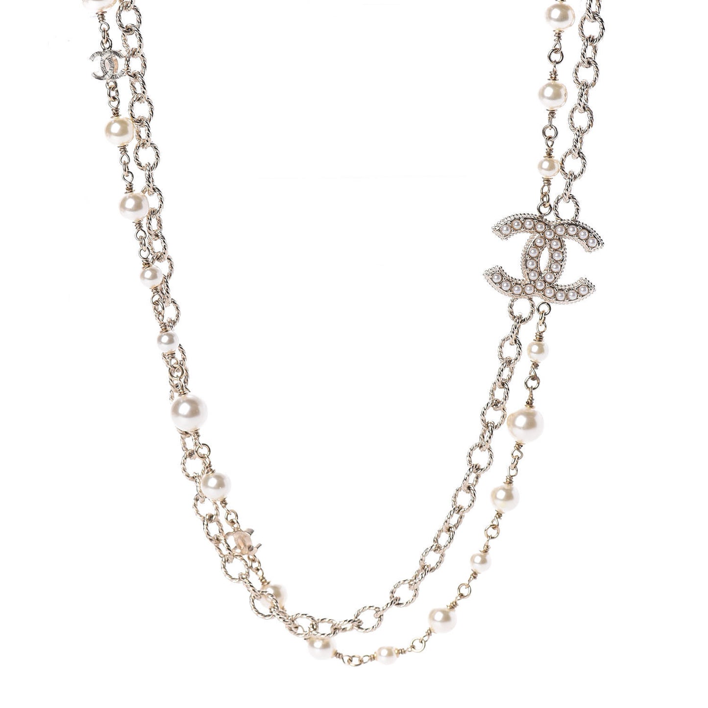 Graduated Pearl CC Long Necklace Light Gold