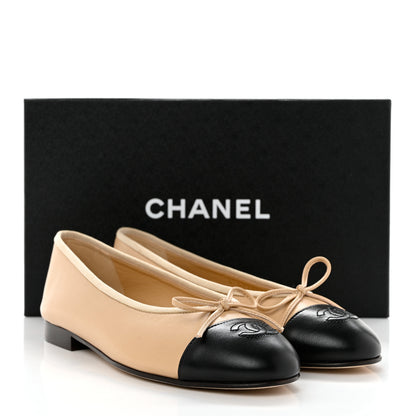Chanel Lambskin Cap Toe CC Ballerina Flats 37 Beige Black 9 of 9