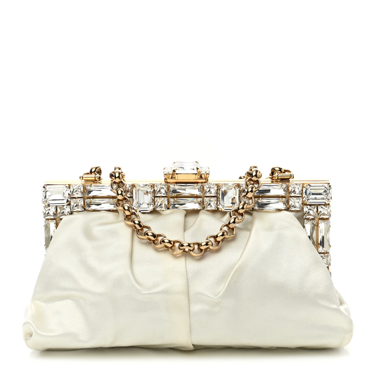 Satin Crystal Embellished Chain Clutch Ivory