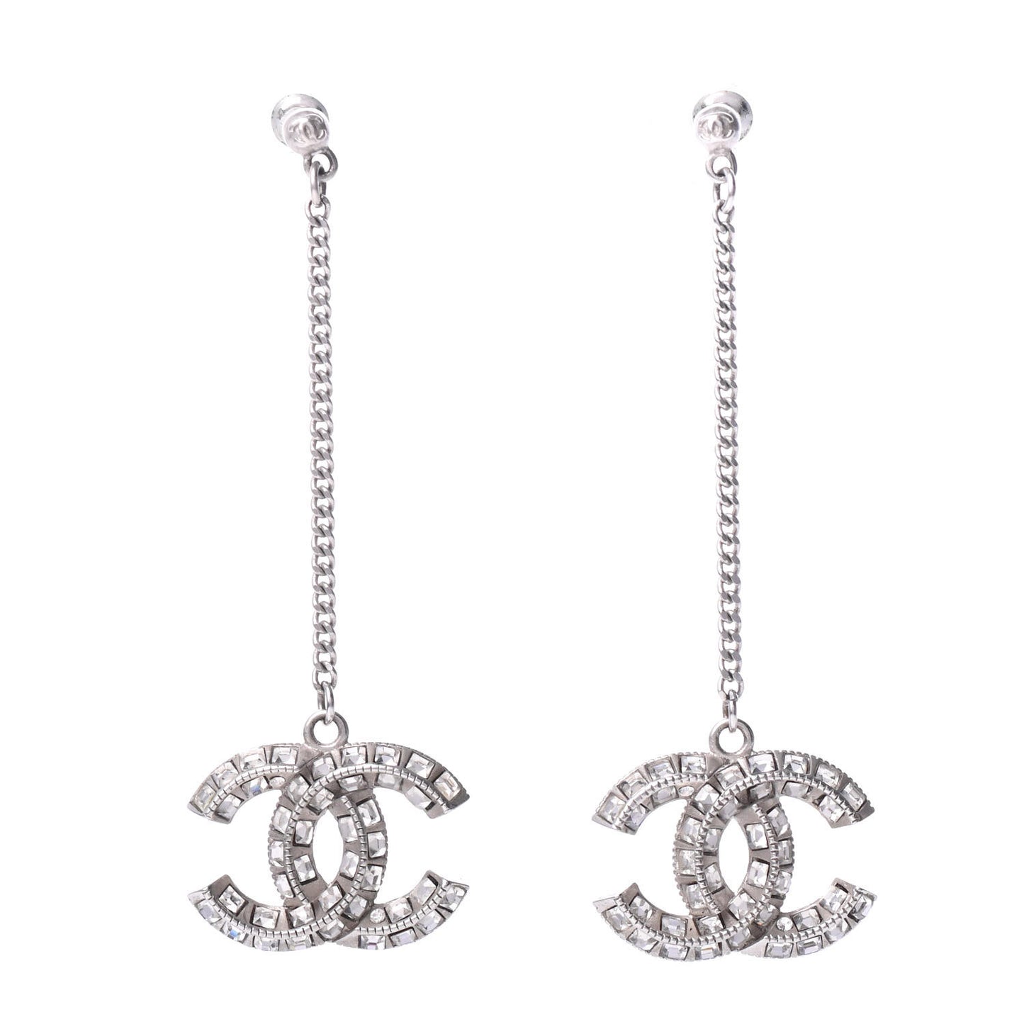 Baguette Crystal CC Drop Earrings Silver