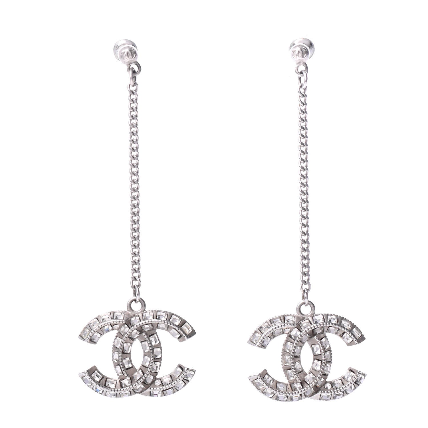 Chanel Baguette Crystal CC Drop Earrings Silver 1 of 4