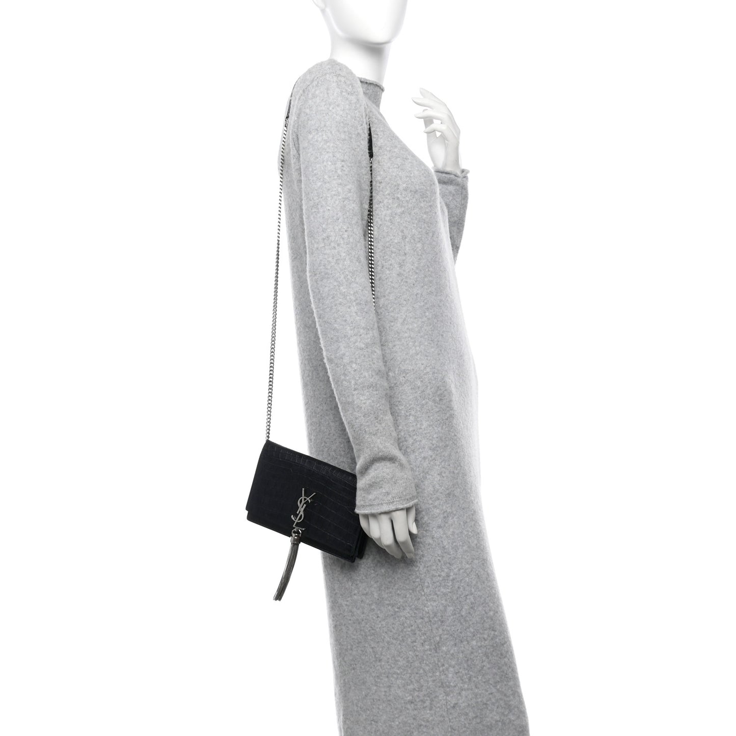 Calfskin Crocodile Embossed Kate Monogram Tassel Chain Wallet Black