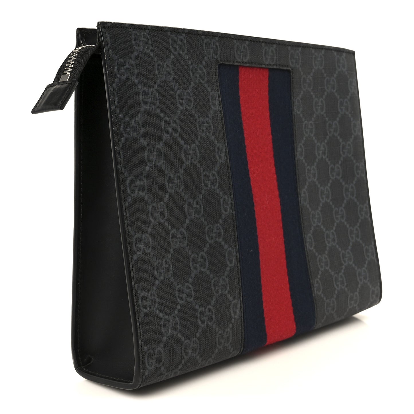 GG Supreme Monogram Selleria Calfskin Web New Web Cosmetic Case Black