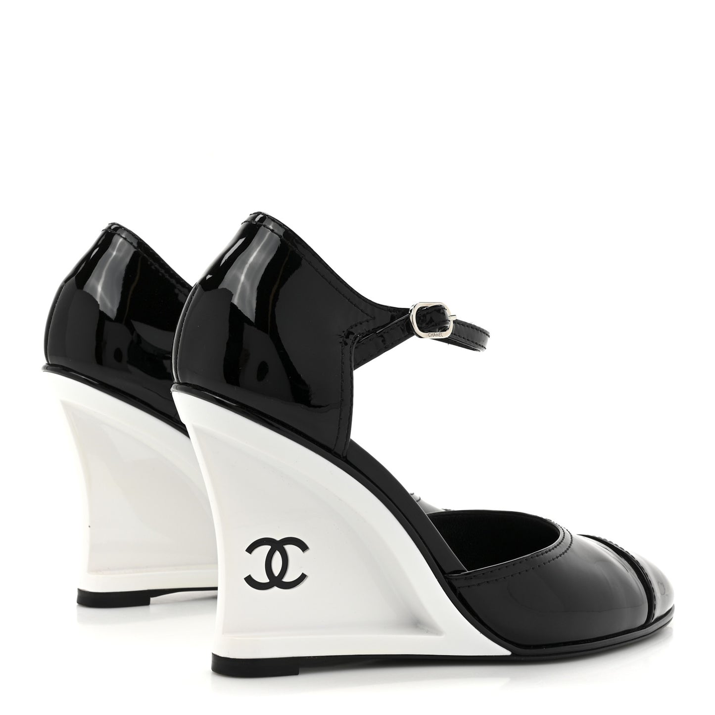 Patent Cap Toe CC Wedge Ankle Strap Pumps 39.5 Black White