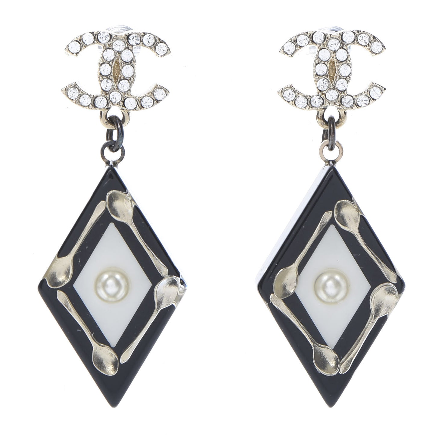 Resin Crystal Spoon Brasserie CC Drop Earrings Black White