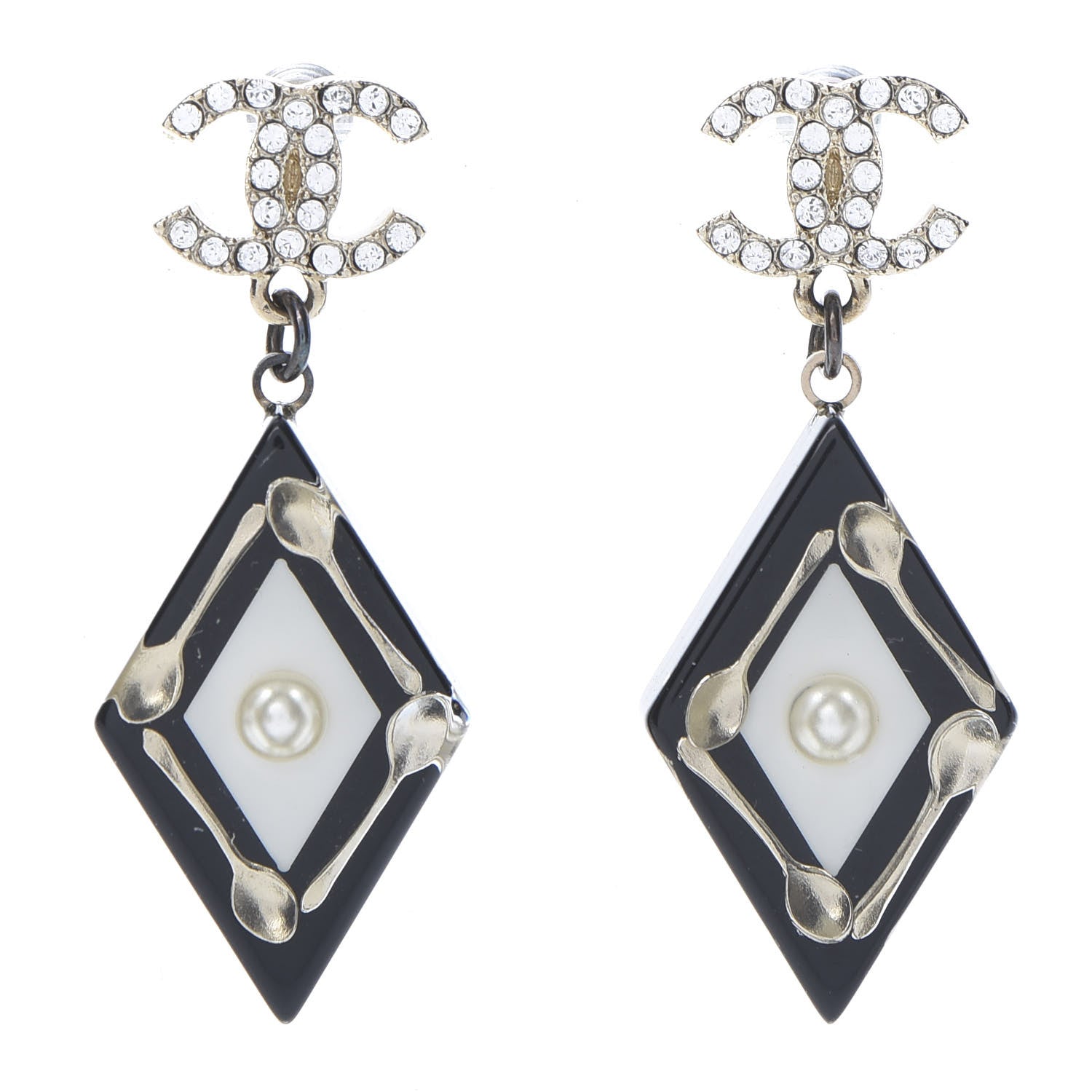 Chanel Resin Crystal Spoon Brasserie CC Drop Earrings Black White 1 of 4