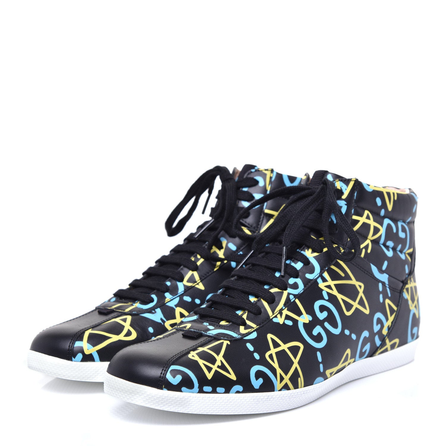 Gucci Calfskin GucciGhost Print Mens High Top Sneakers 9 Black New Acquamarine 3 of 10