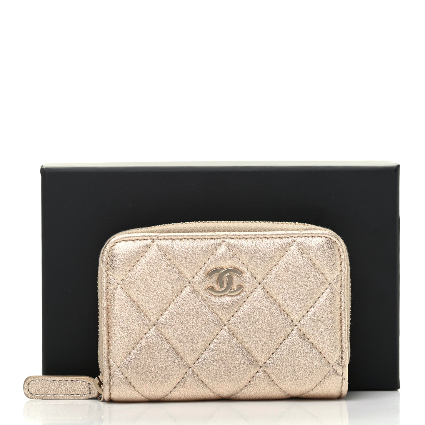 Metallic Lambskin Quilted Zip Coin Purse Wallet Gold