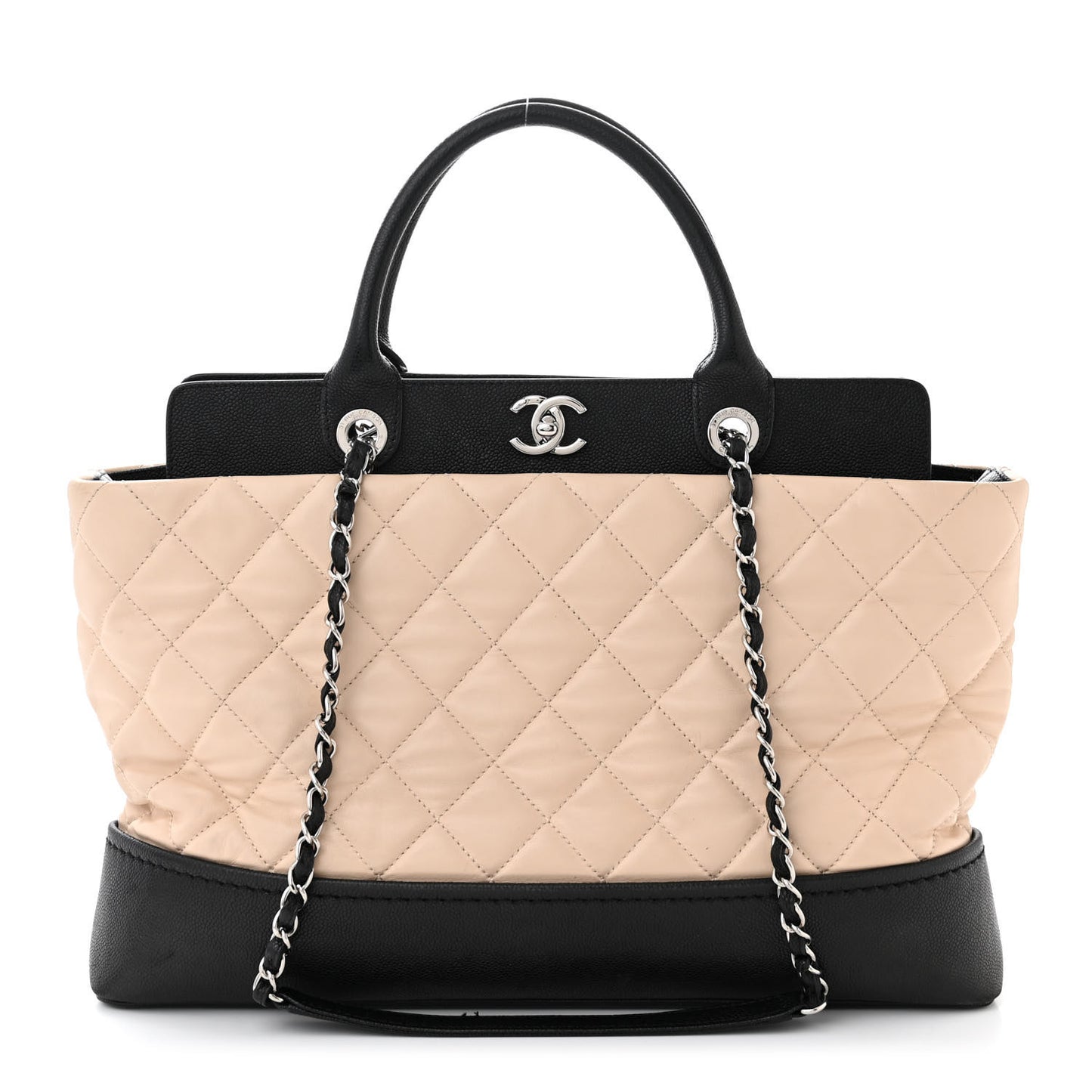Calfskin Caviar Quilted Large Shopping Tote Beige Black