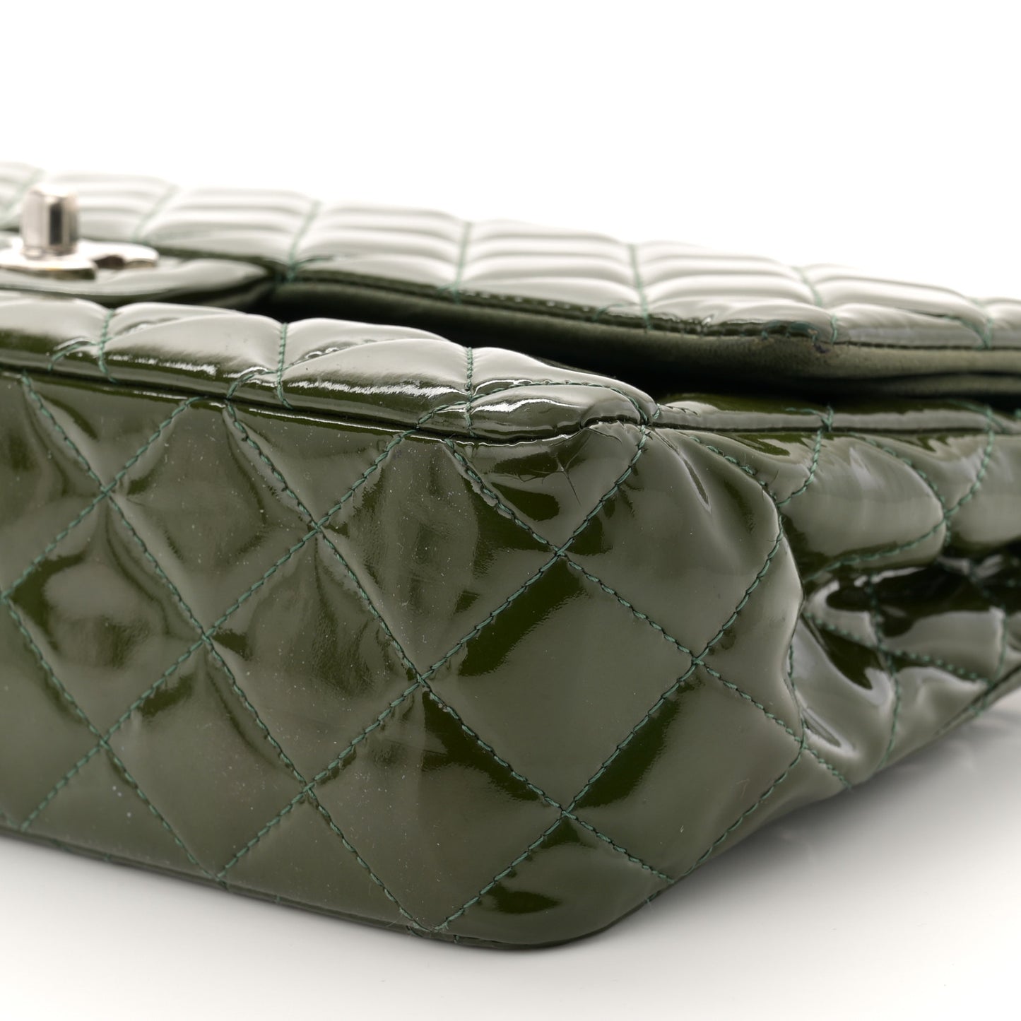 Patent Calfskin Quilted Medium Double Flap Green